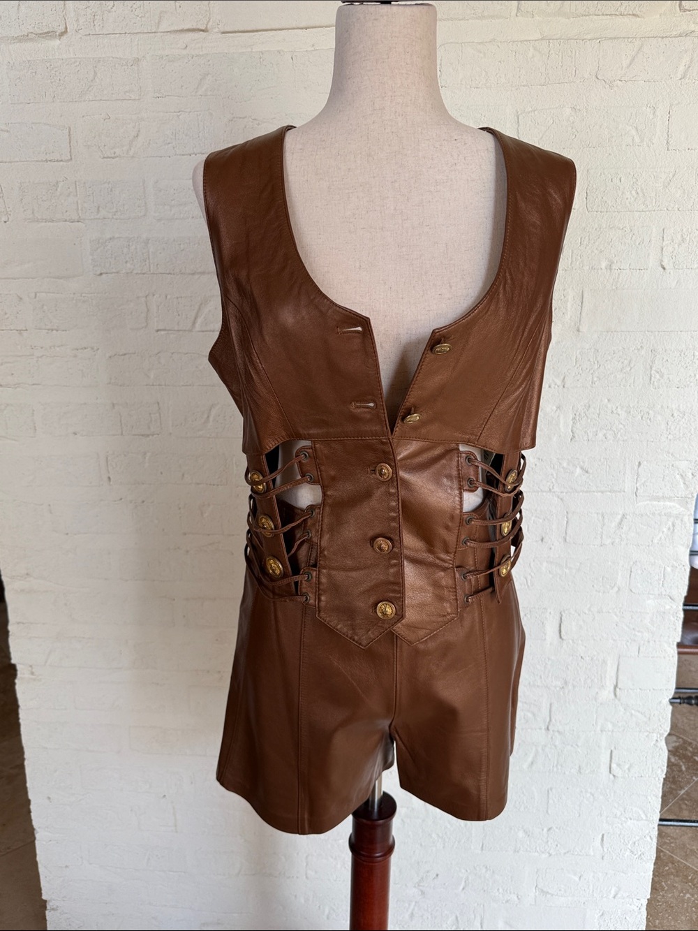 Copper color Leather Lace-Up Brown Women's   Fitted Vest with matching shorts.